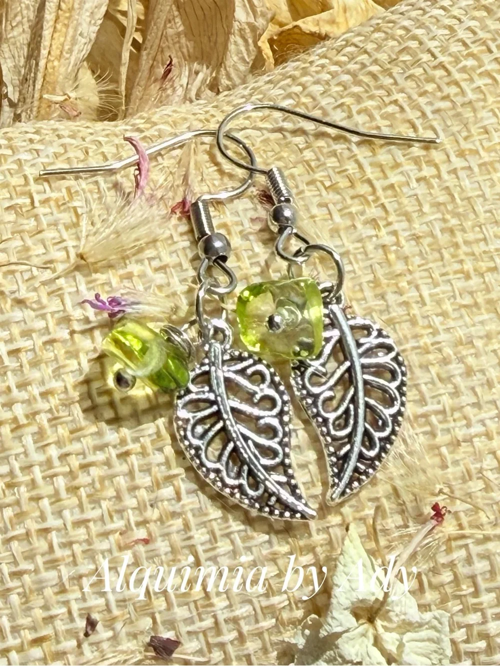Silver Leaf Drop Earrings with Lime Green Beads